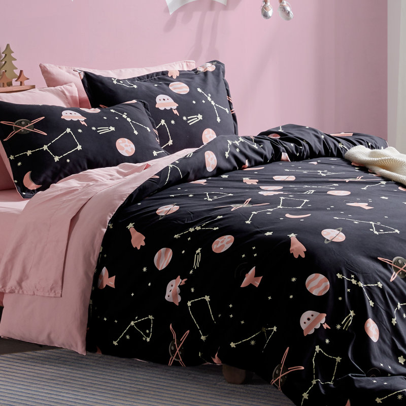  Space Rocket Reversible Duvet Cover Set, Full/Queen, Pink Galaxy
