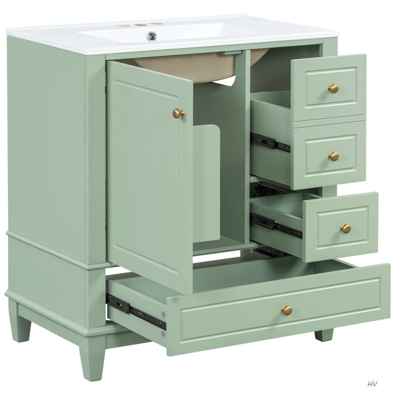 Meuble-lavabo 30 po avec lavabo, une porte avec tablette et trois tiroirs, porte à fermeture en douceur, Vert clair