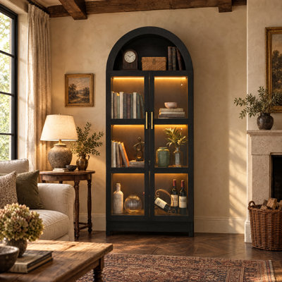 71'' Tall Wood Arched Storage Display Cabinet with Glass Doors, 4-Tier Kitchen Pantry Bookcase with 7-Color LED lights, Tempered Glass Curio Cabinet Showcase