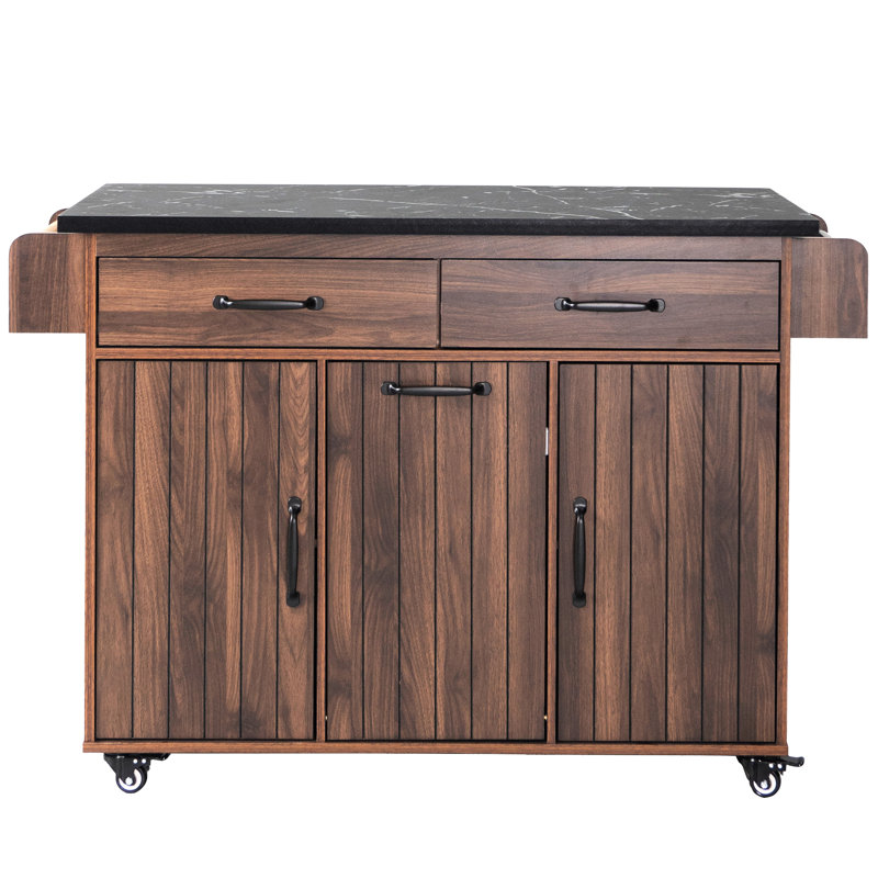 Îlot de cuisine avec rangement pour poubelle, abattant, tablettes réglables, étagère à épices, rangement pour serviettes de style noyer - brun