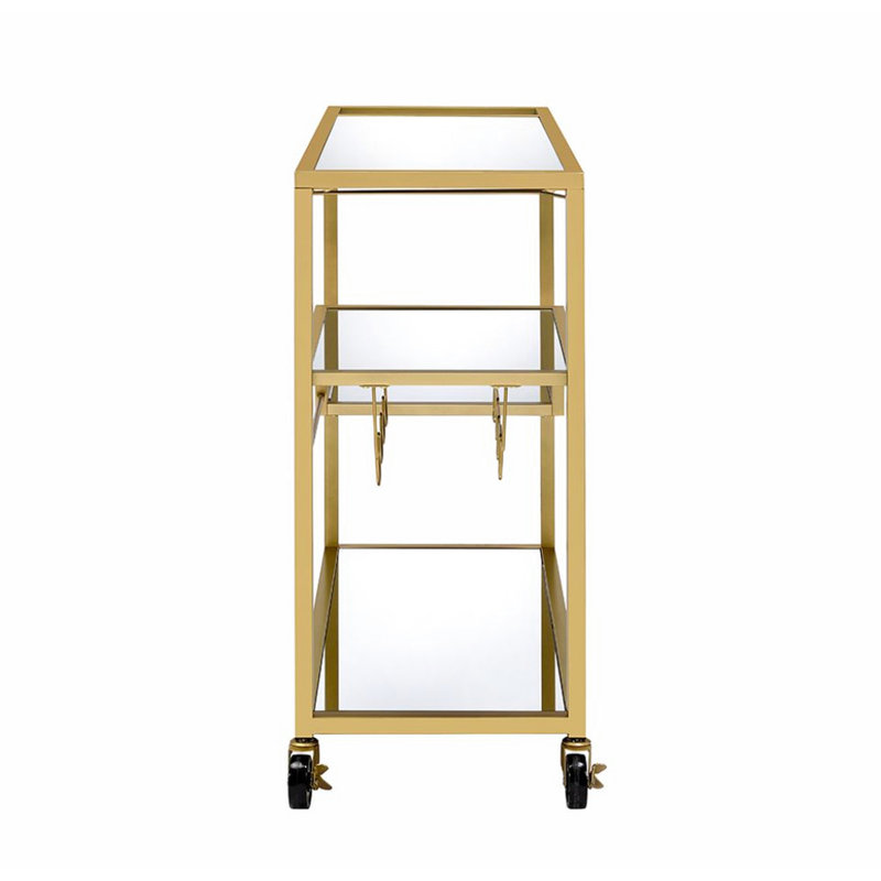 Mirrored & Champagne Finish Serving Cart For Home Entertainment, 5mm Mirror Top Shelves, Metal Frame, Wine Bottle/stemware Rack, Caster Wheels, 3 Open Compartments, 70lbs Weight Limit, 40lbs Shelf