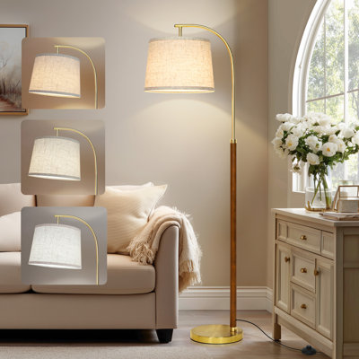 Lampe sur pied moderne en bois de noyer de 63 po avec finition laiton, abat-jour en tissu avoine et ampoule à DEL 3 couleurs
