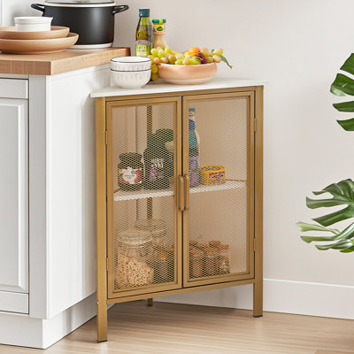 Leilla White Gold 2 Doors Corner Accent Cabinet Triangular 3-tier Storage Cabinet