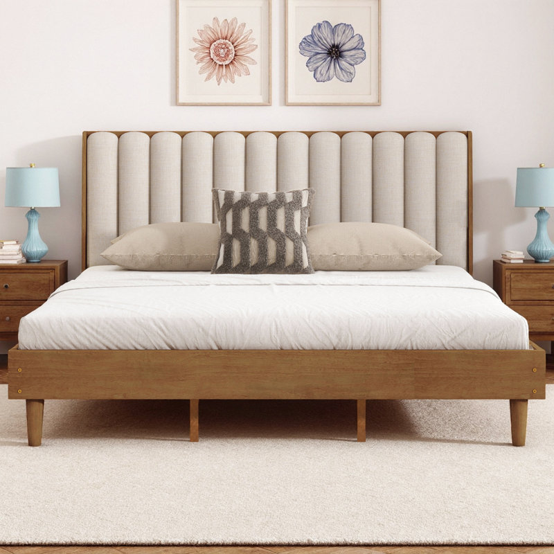 Lit plateforme en bois avec tête de lit tapissier de couleur blé, base de lit en pin massif avec support renforcé, aucun sommier tapissier requis, design minimaliste moderne