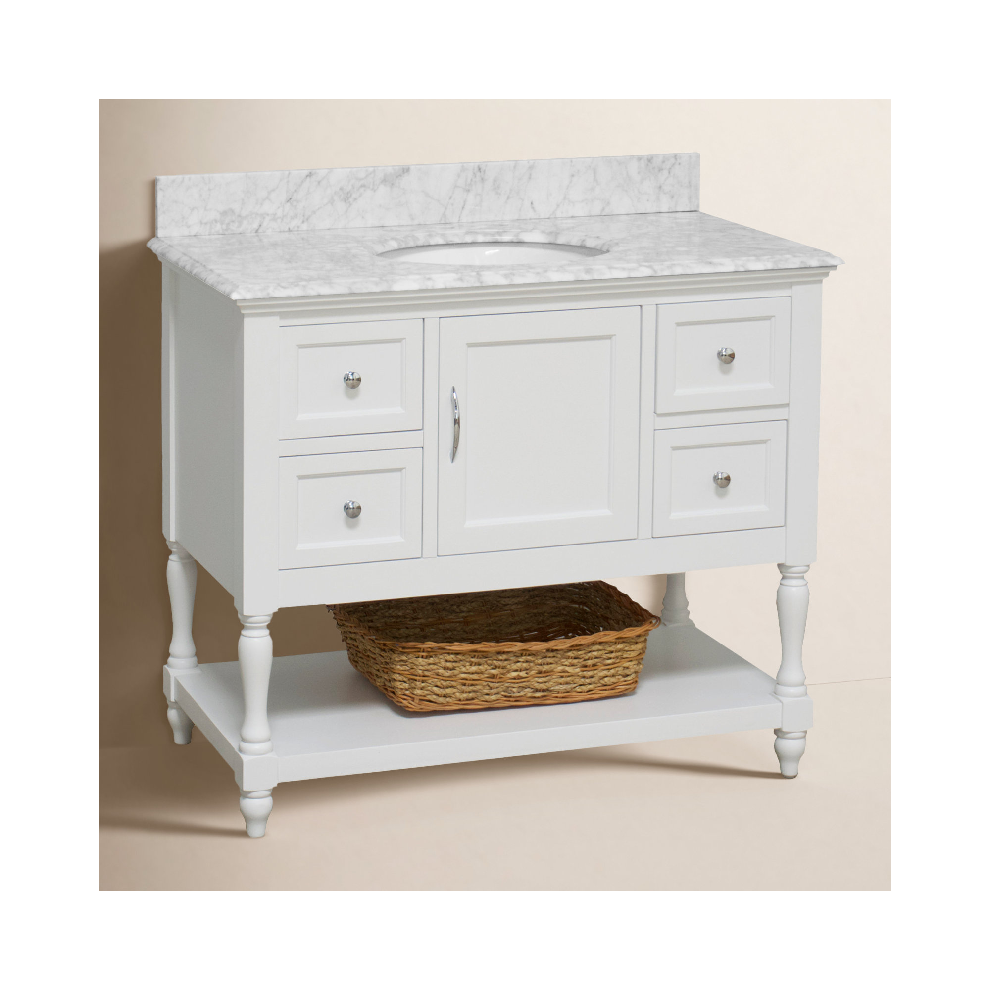 Hampton 42'' Single Bathroom Vanity, White, Carrara Marble
