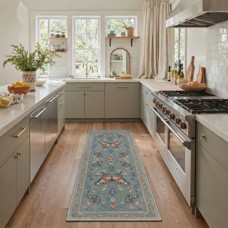 Animal Print Butterfly Machine Washable Dusty Blue/Tan Indoor Area Rug With Non-Slip Backing, Runner 2' x 6'