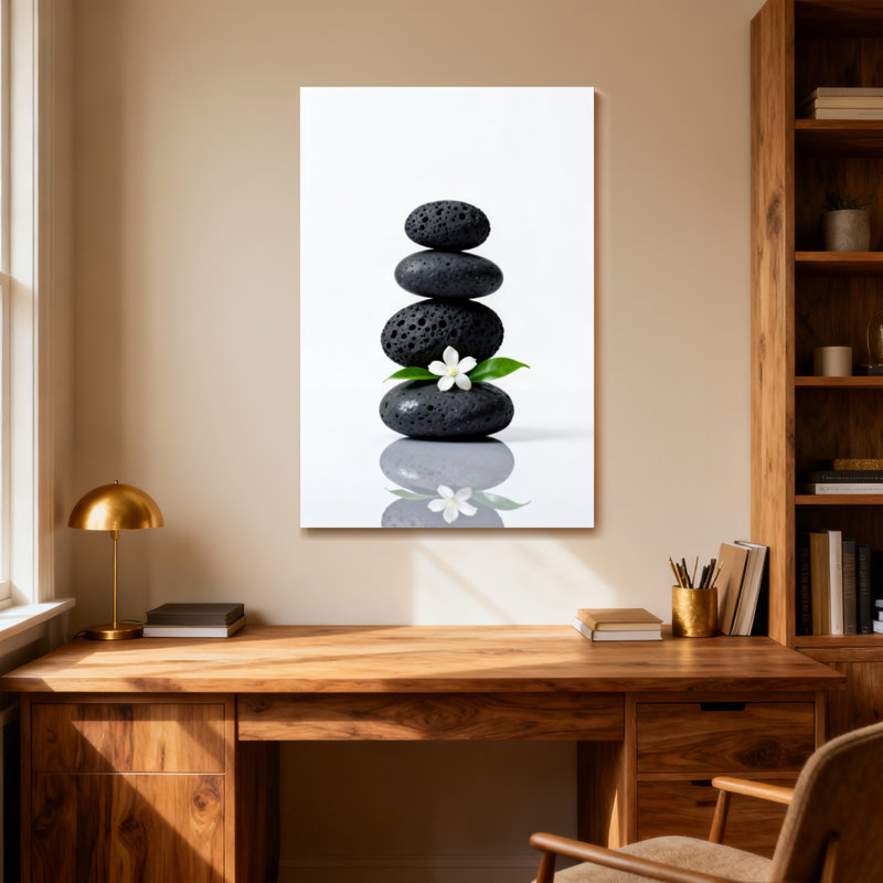 Bain et lessive pierres noires avec fleur blanche et feuille verte, H 18 po x l 12 po