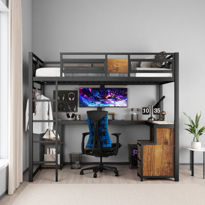 Grand lit mezzanine avec bureau et tiroirs de rangement en tissu non tissé, cadre de lit mezzanine en métal avec échelles, sans nosie et sans sommier