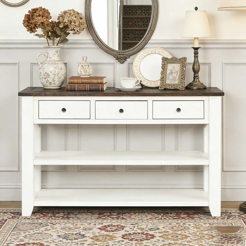 Console en bois de pin massif 48 po, table d'appoint moderne avec 3 tiroirs de rangement et 2 tablettes, Blanc antique