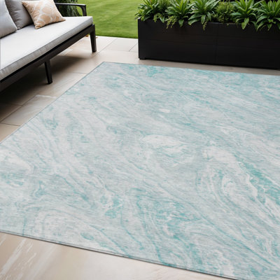 Tapis extérieur lavable abstrait turquoise et ivoire 5 pi x 8 pi Aquamarine