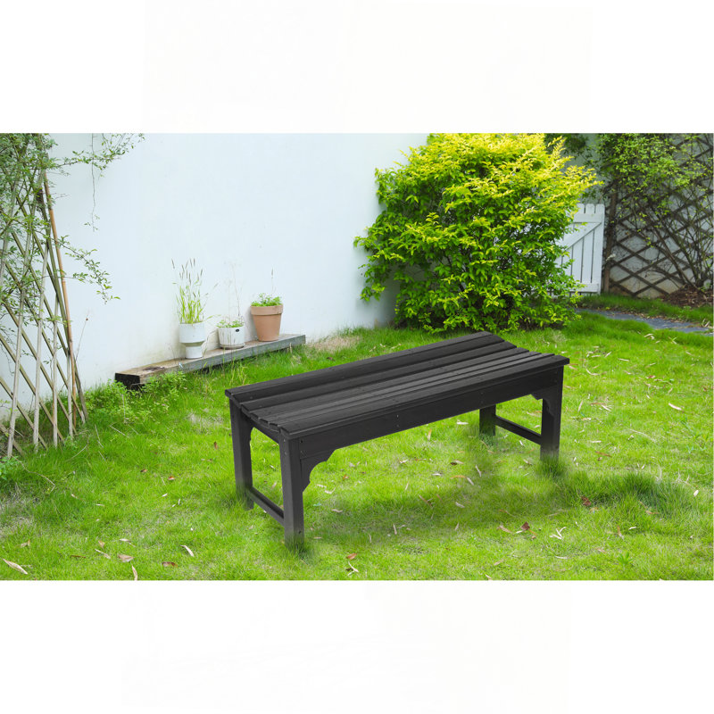 Backless HDPE Adirondack Bench With Wood Texture, Poly Lumber Seat For Patio, Backyard, Balcony, All Weather Resistant With UV Protection, Black