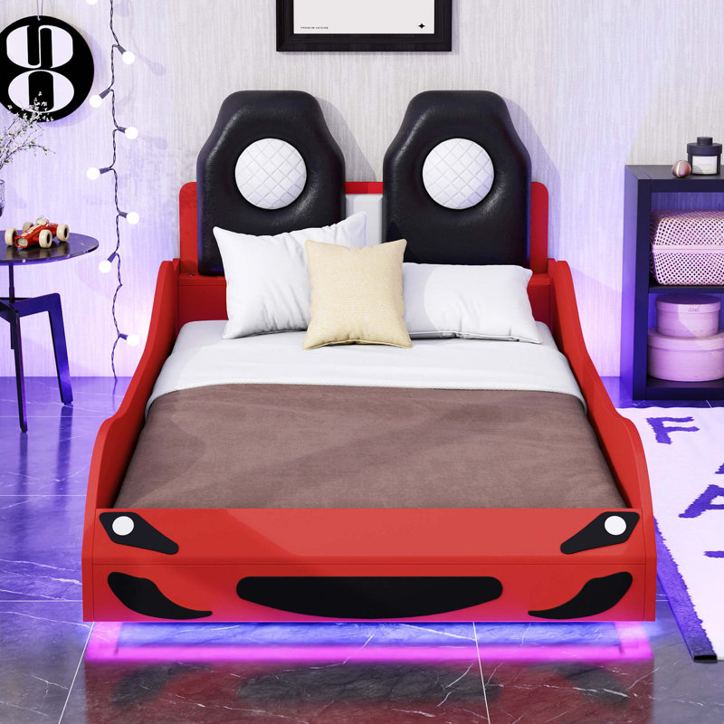 Wood Twin Size Race Car-Shaped Platform Bed with LED and Upholstered Backrest