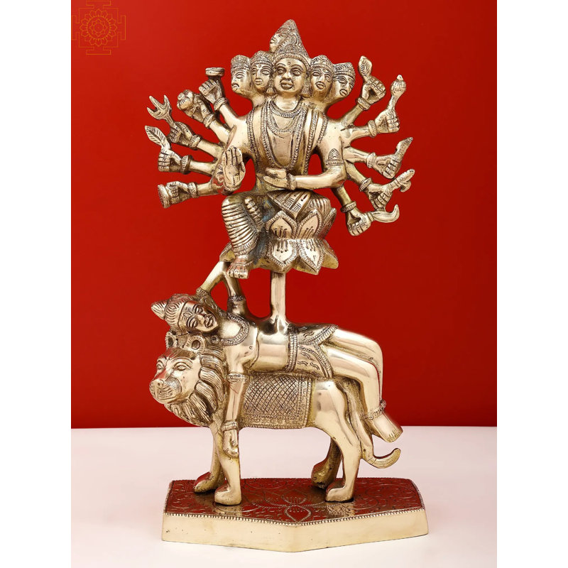 13" Brass Kamakhya Devi Statue – Handcrafted Twelve-Armed Tantric Goddess on Lotus & Shiva-Lion Base for Spiritual Home Décor