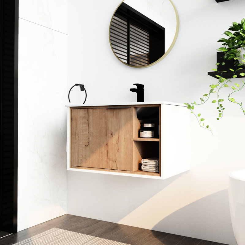 Meuble-lavabo de 30 po avec lavabo en céramique. Fixé au mur. Porte à fermeture en douceur. Look moderne en chêne imitationnel. Armoire en contreplaqué de qualité 30 po. Look, base