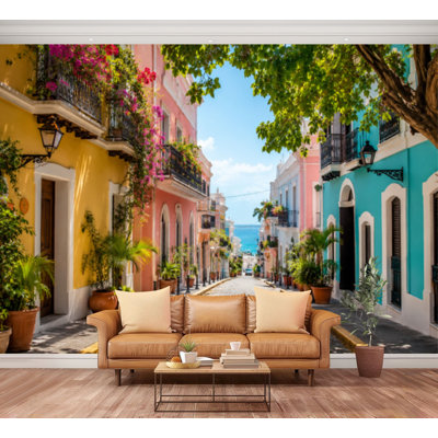 Wall Mural Peel and Stick Wallpaper colorful street old san juan puerto rico town scenery Self-Adhesive Removable Contact Paper Wall Decor for Living Room Bedroom 100"H x 144"W