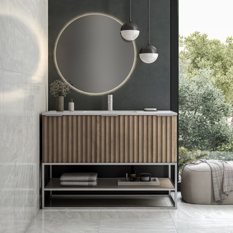 Terra 48'' Single Bathroom Vanity with Top, White Quartz/Single Faucet Mount, Cashmere Gray, Brushed Nickel