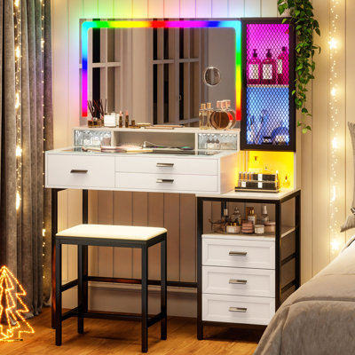 Coiffeuse de maquillage avec lumières colorées, station de charge, tiroirs multicouches, tablettes de rangement et tabouret confortable