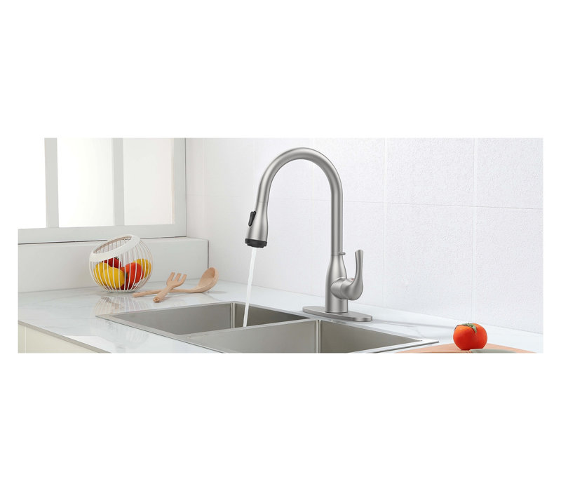 Robinet de cuisine en nickel brossé avec douchette rétractable, 4 modes de pulvérisation et boucle de verrouillage pour éviers de bar, de camping-car et de bar