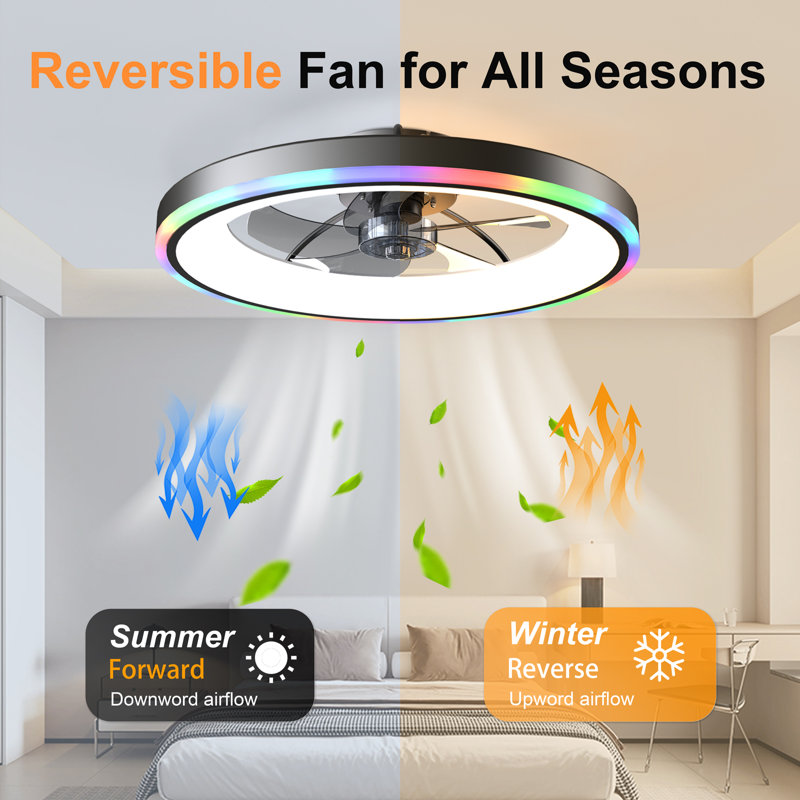 Ventilateur de plafond à profil bas 23,6 po avec lumières RVB, ventilateur encastré noir avec télécommande et application, 6 vitesses et 3 lumières à intensité variable 3 000 T CC pour la chambre à coucher, le salon.
