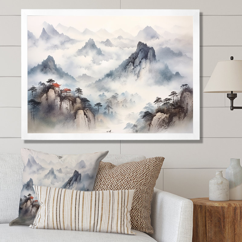 «Gray River China Landscape III», art mural Chine, Cadre d'angle fermé blanc, H 30 po x l 40 po x P 1,5 po