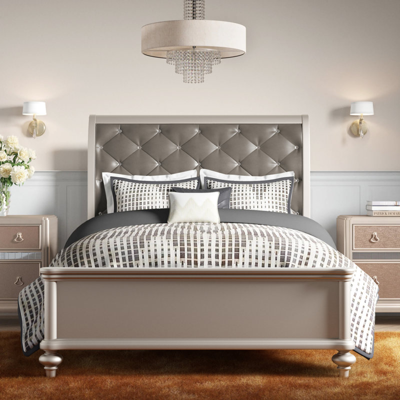 Bilmar Vegan Leather Sleigh Bed, King, Silver