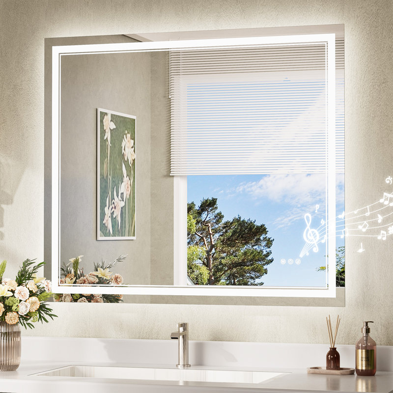 Miroir de salle de bain Bluetooth à DEL à éclairage avant et rétroéclairé, 3 couleurs de température et intensité variable, miroir de coiffeuse en verre trempé