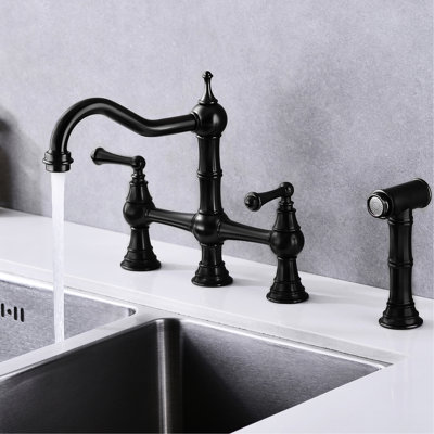 Matte Black Bridge Kitchen Faucet Featuring Dual Handles & Pull-Out Side Spray, 360-Degree Rotating High Dispersing, Rust-, , Leak-, Brass Fabricated With Two Outflow, Constructed