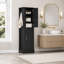Armoire de rangement autoportante de 68 po de hauteur pour salle de bain, armoire de rangement en panneau de fibres à densité moyenne avec crochets latéraux et tablettes réglables, armoire de rangement pour salle de bain, salle de lavage