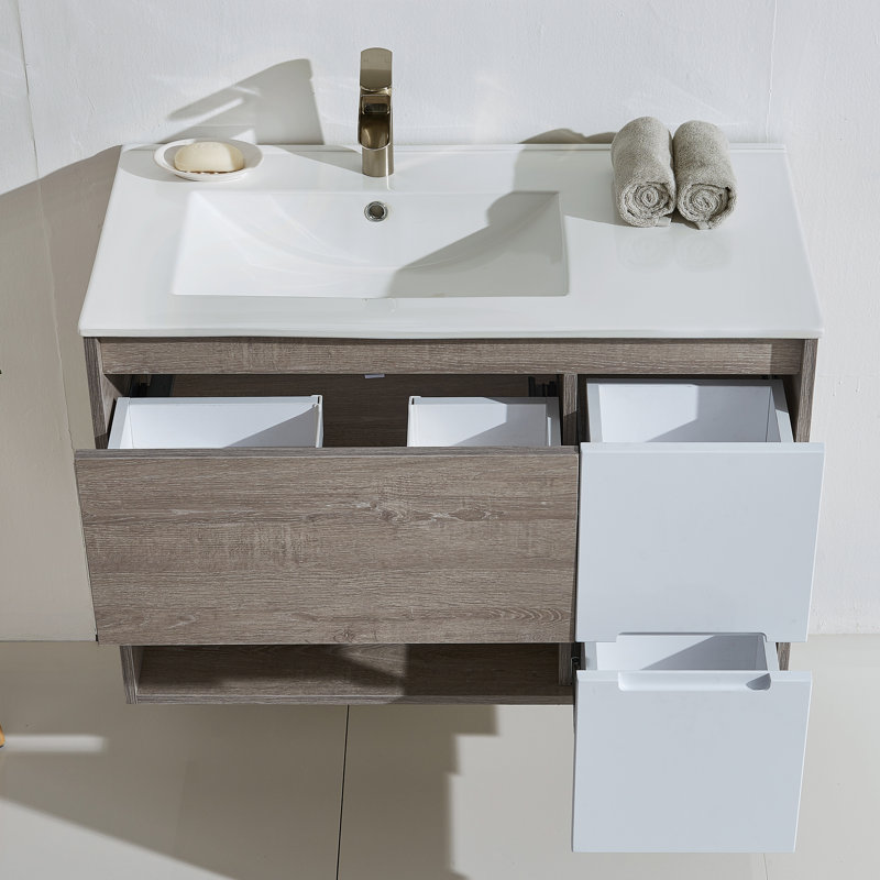 Ensemble de meuble-lavabo mural simple 36 po 3 tiroirs moderne blanc et gris