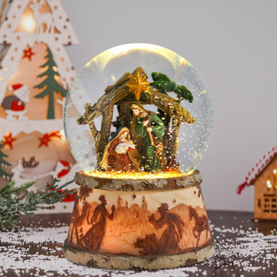 Boule à neige musicale de Noël avec crèche de Noël, lumières DEL et musique - globe d'eau de Noël avec la Sainte Famille, étoile dorée et base détaillée, décoration religieuse pour la maison et cadeau des Fêtes