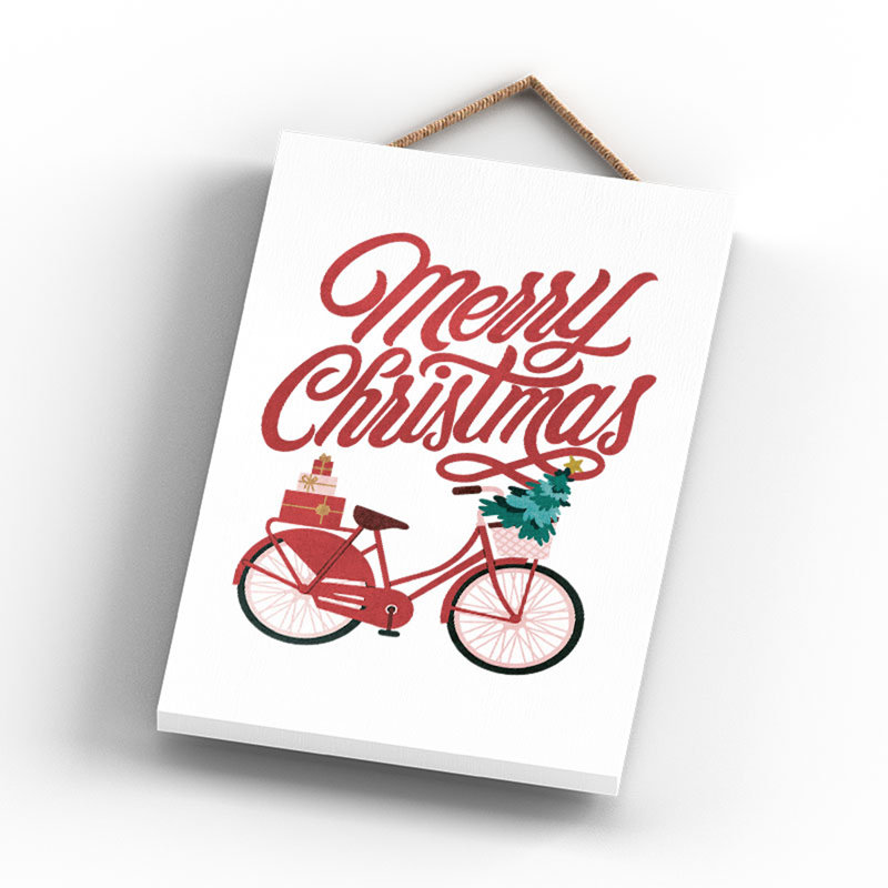 Xmas Merry Christmas Bicycle Wooden Plaque, 18.5cm H x 12cm W x 0.9cm D