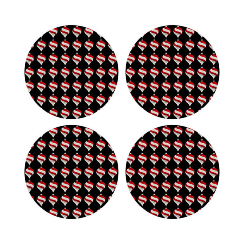 Xmas Ornament Black Vegan Leather Round Coasters, Black