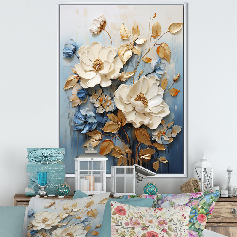 «Beige and Blue Seasonal Flowers Collage II», reproduction sur toile, Cadre flottant blanc, H 44 po x l 34 po x P 1,5 po