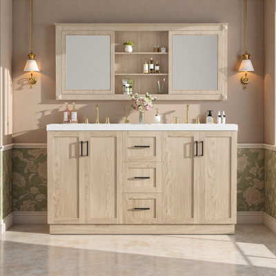 Meuble-lavabo double lavabo de 150 cm avec lavabo en SMC, 4 portes et 3 tiroirs, meuble-lavabo moderne en MDF avec étagères réglables, portes à fermeture douce et glissières dissimulées