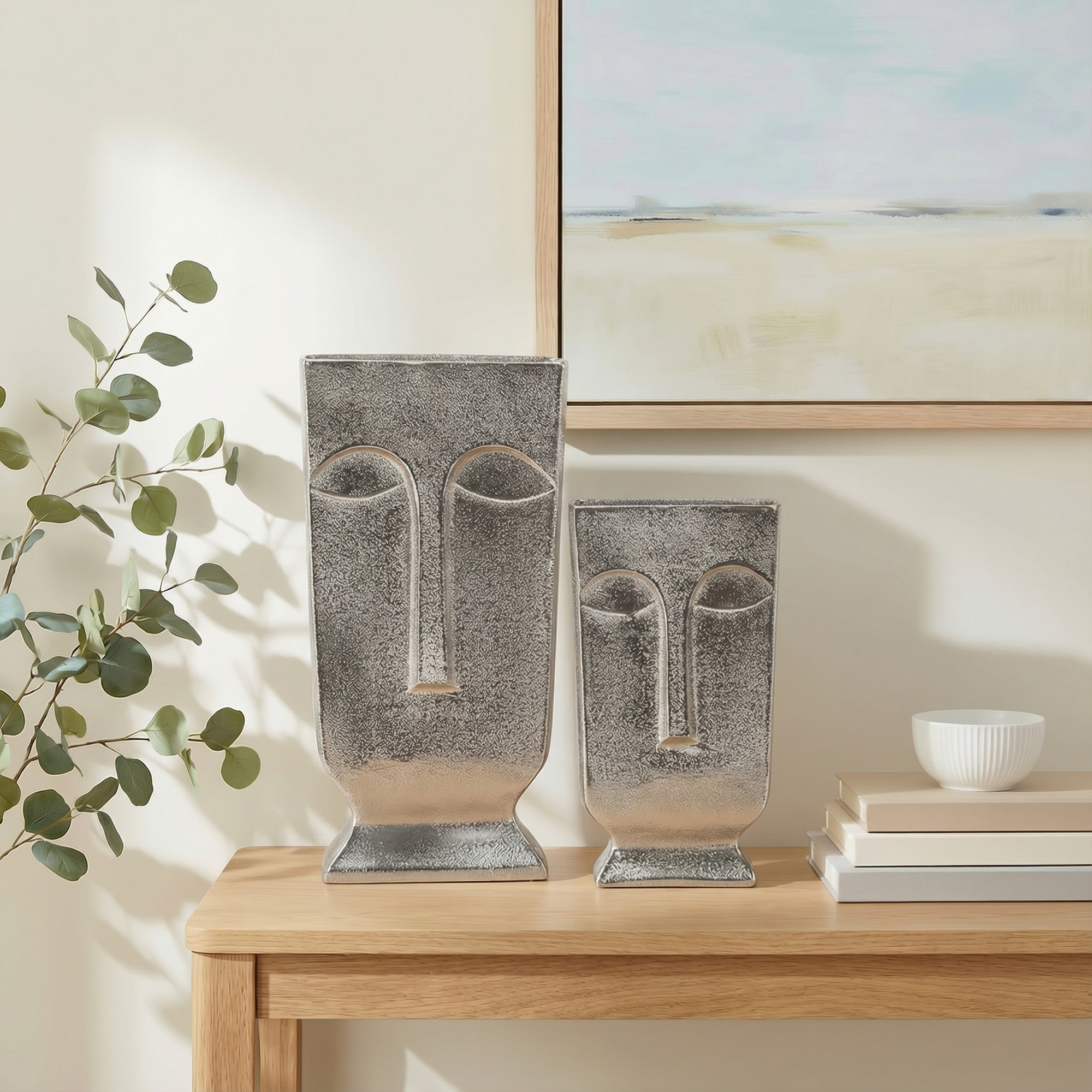 Set Of 2 Silver Face Vase