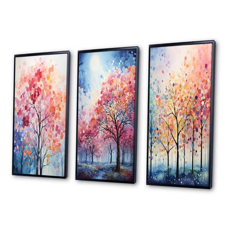 «Pink and Blue Trees Field Pointillism III», 3 pièces sur toile, Cadre noir, H 28 po x l 36 po