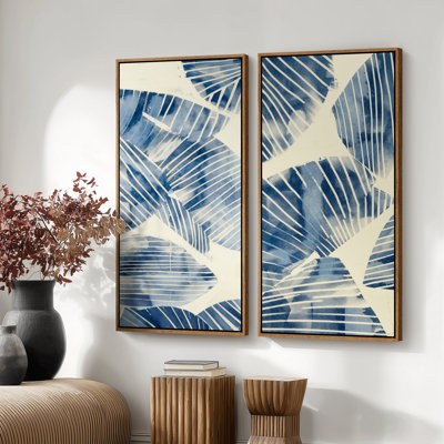 Large Framed Canvas Wall Art Set - Blue Botanical Leaf Modern Indigo Watercolor Beach House Prints 60"x30"x2pcs