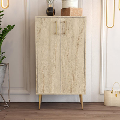 Modern Shoe Cabinet with Wall-Mount Option, Travertine Color, 23.6 x 43.7 x 13.8 inches | 100% Melamine Coated Particle Board, Metal Legs, Plastic Handle | Numerous Shelves for Stylish Shoe Storage