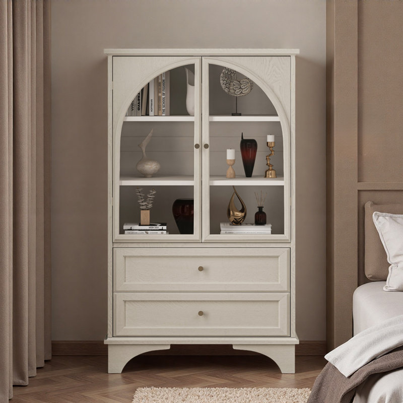 Armoire de rangement vitrée avec 2 tiroirs et tablettes réglables, Blanc rétro