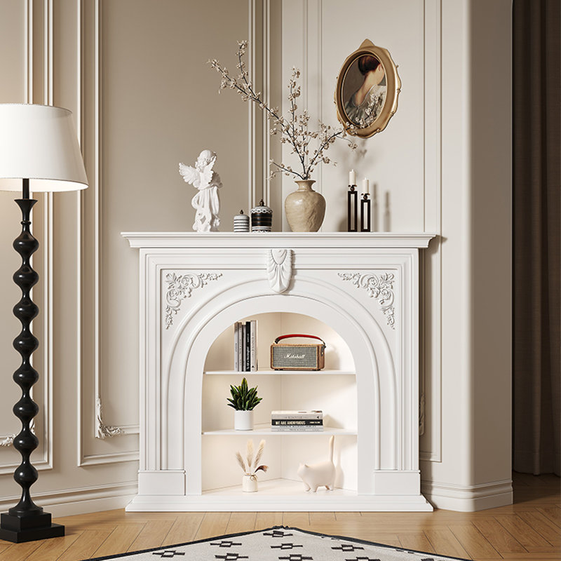 European arched cream-style solid wood fireplace decorative cabinet, 43.31" H x 43.31" W x 13.78" D