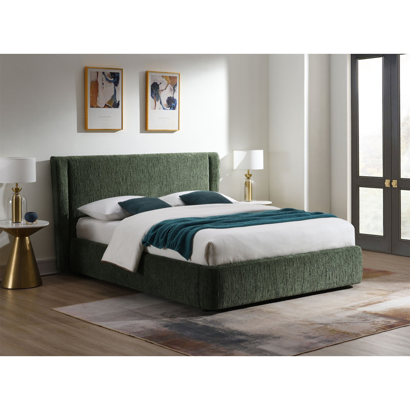 Lit double en chenille Cheryl avec assemblage sans outil, tête de lit rembourrée et support robuste pour un sommeil confortable