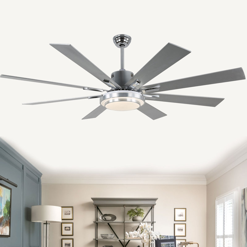72" Modern Chrome Ceiling Fan with LED Light Kit and Remote, 6-Speed Quiet DC Motor, Reversible Ceiling Fan for Large Living Rooms