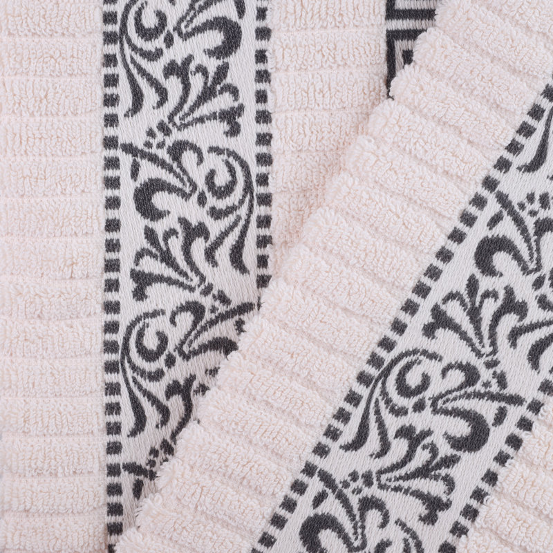 Jiro Athens Cotton Medium Weight Floral Border Greek Key Trim 3 Piece Assorted Towel Set, Ivory/Gray