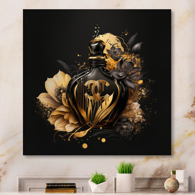 Bouteille de parfum chic noire et dorée VII - impression sans cadre sur métal