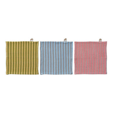 Waffle Weave Cotton Dish Cloths in Painterly Stripes, Pink, Blue & Yellow, Set of 3