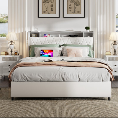 Structure grand lit avec tête de lit ergonomique, prises de courant et tablette de rangement