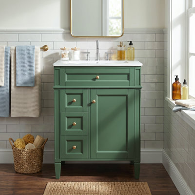 Meuble-lavabo autoportant 24 po avec lavabo en céramique blanc, armoire de rangement moderne avec 2 tiroirs, tablettes de porte, tablette réglable et tiroir basculant, meuble-lavabo simple vert