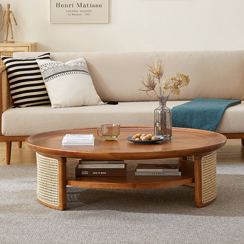 Solid wood rattan round creative tea table, 15.75" H x 39.37" L x 39.37" W, Brown