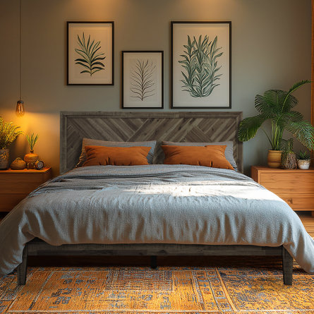 Gonsoulin Solid Wood Bed Frame with Adjustable Headboard/Handcrafted Pattern Platform Bed