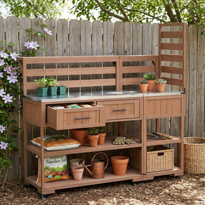 Banc de rempotage modulaire 62,3 po avec tiroirs, table de travail de jardin en bois massif avec plateau en acier inoxydable et tablette surélevée